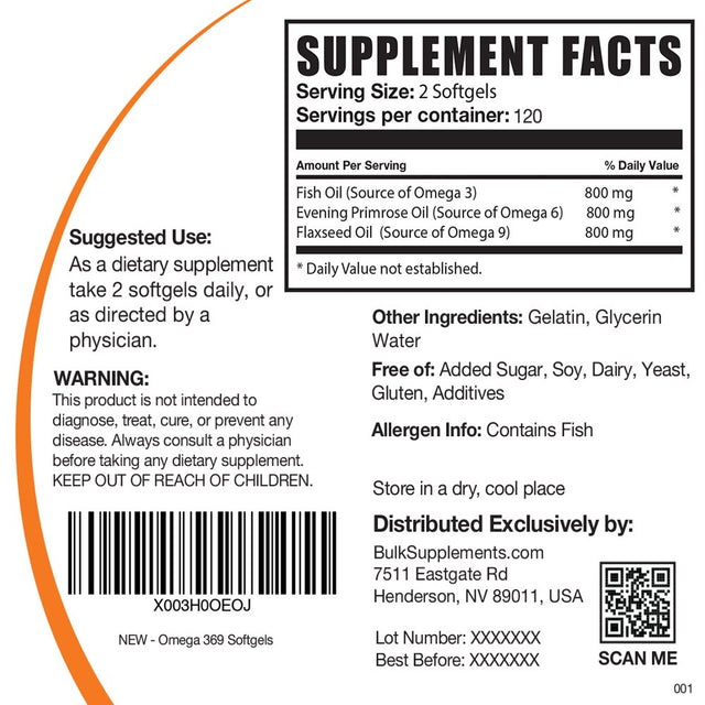 Bulksupplements.Com Omega 3-6-9 Softgels, 2400Mg - Brain & Heart Support (240 Softgels - 120 Servings)