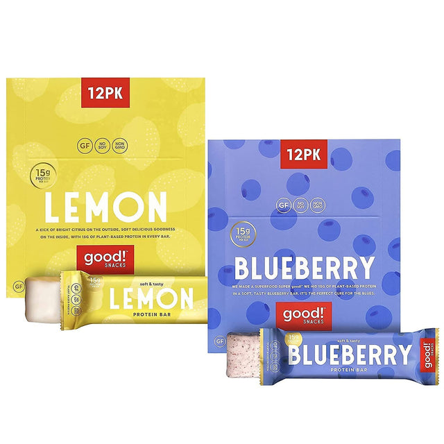 Good! Snacks Vegan Protein Bars Bundle, Lemon & Blueberry (24 Bars) Gluten-Free, Plant Based, Low Sugar, High Protein Meal Replacement, Healthy Snacks for Energy, 15G Protein