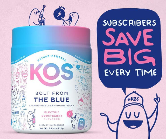 KOS USDA Organic Energizing Blue Spirulina Blend - 70 Mg Organic Caffeine, B-Complex, Ashwagandha Root, Ginseng, Mushroom - Plant Based, Vegan Pre Workout Powder - Blue Raspberry Flavored, 28 Servings