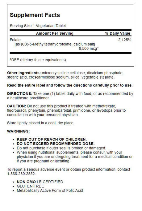 Life Extension High Potency Optimized Folate – L-Methylfolate – Folic Acid, 8500 Mcg DFE – Heart & Brain Support, Healthy Homocysteine Levels – Gluten-Free, Non-Gmo, Vegetarian – 30 Tablets