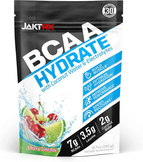 JAKTRX BCAA Hydrate - Premium Branched Chain Amino Acids & Hydration Formula - 7G Bcaas, 2:1:1 Ratio, 3.5G Leucine, 2G Coconut Water, Caffeine-Free, Electrolytes - 30 Servings (360G) - Cherry Limeade