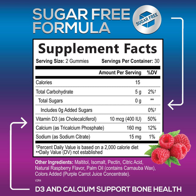 Sugar Free Calcium Gummy Bites plus 400 IU Vitamin D3, Bone Health & Immune Support, Supports Bone Strength - Chewable Calcium Nutrition Supplement, Non-Gmo, Berry Flavor Chews - 60 Gummies