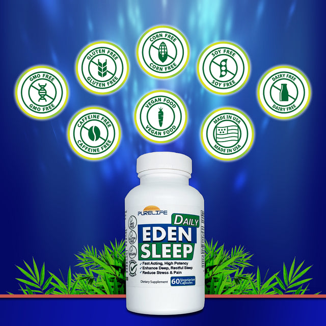 Purelife Supplements - Eden Daily Sleep [NEW GABA FREE FORMULA] – Fall Asleep Faster, Relax Your Muscles, Promote Deep and Restful Sleep (60 Vegan Capsules)