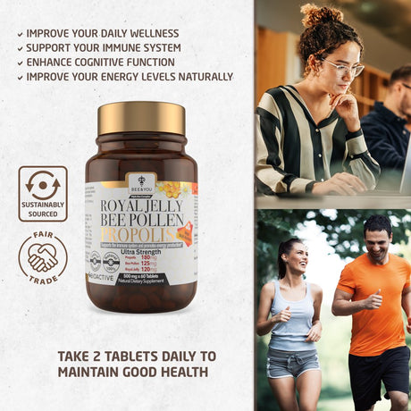 BEE and YOU Royal Jelly, Propolis Extract, Bee Pollen, 60Ct, 100% Natural Superfood, Ultra Pure, Immune Support Supplement, Antioxidants, Keto, Paleo, Gluten-Free, Stocking Stuffers, Gift Ideas