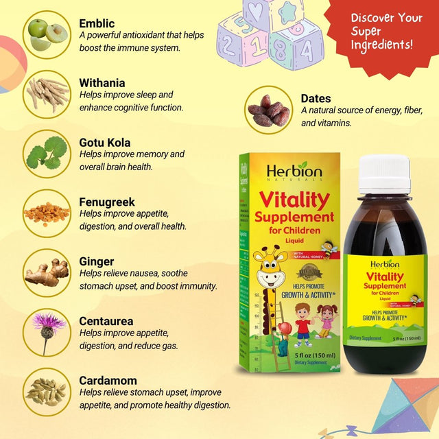 Herbion Naturals Vitality Supplement for Children - Promotes Growth & Appetite - Relieves Fatigue - Improves Mental & Physical Performance – Boosts Energy - 5 Fl Oz – 150 Ml – for Kids 1 Years & Above