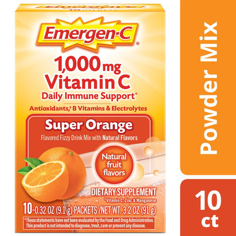 Emergen-C 1000Mg Vitamin C Powder, with Antioxidants, B Vitamins and Electrolytes for Immune Support, Caffeine Free Vitamin C Supplement Fizzy Drink Mix, Super Orange Flavor - 10 Count