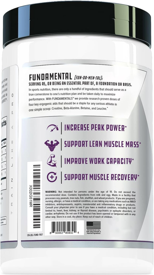 Fundamentals Intra or Post Workout Recovery Drink: 4 Key Ergogenic Aids for Maximum Performance and Muscle Growth: Creatine, Beta-Alanine, Betaine, and Leucine, 30 Servings, Unflavored