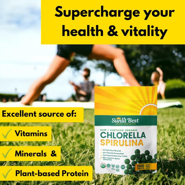 Chlorella Spirulina 50/50 (Mega-Pack 1000) Cracked Cell Wall, 100% Pure & Clean, Organic Raw Non-Gmo Green Superfood, Protien Packed, by Sunlit, Best Green Organics