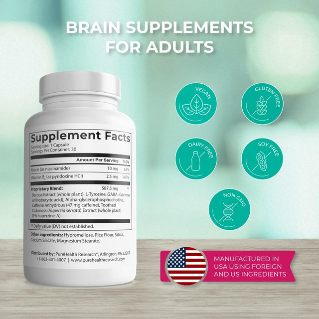 Ageless Brain Memory Supplements for Adults, Nootropic Brain Supplement, Brain Health Supplements for Adults with Vitamin B6, Alpha GPC, Bacopa Monnieri by Purehealth Research