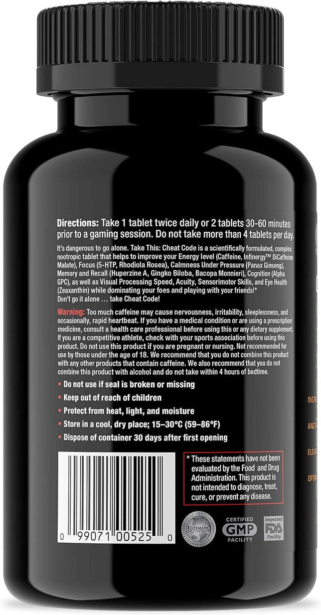 Ultimate Nutrition Cheat Code Nootropic Esports Brain Supplement with 5-HTP – Memory, Energy, and Focus Booster - No Jitters or Crash - Promotes Eye Health & Visual Processing Speeds (30 Tablets)