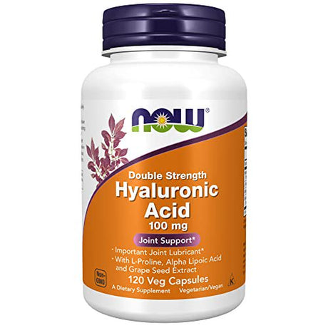 NOW Supplements, Hyaluronic Acid 100 Mg, Double Strength with L-Proline, Alpha Lipoic Acid and Grape Seed Extract, 120 Veg Capsules