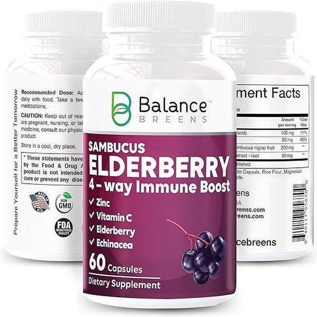 Balance Breens Sambucus Elderberry Extract - 4 Way Immune Support with Elderberry, Vitamin C, Zinc, Echinacea - Powerful Antioxidant - 60 Count