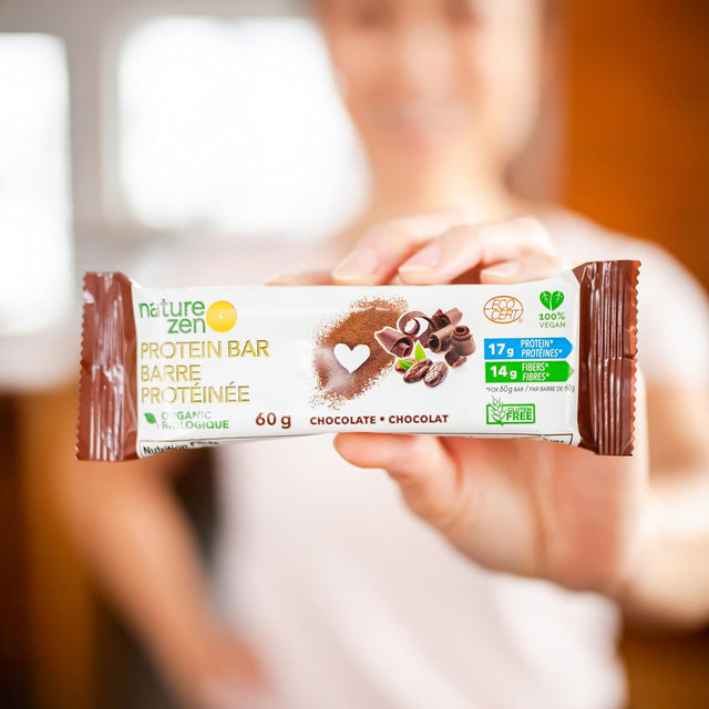 Organic Protein Bars from Nature Zen, Chocolate, High Protein Snack, 16G Protein, High in Fibers, Certified Vegan, No Artificial Flavor, Nut Free, Soy Free, Gluten Free, Dairy Free, 60G, 12 Bars per Box