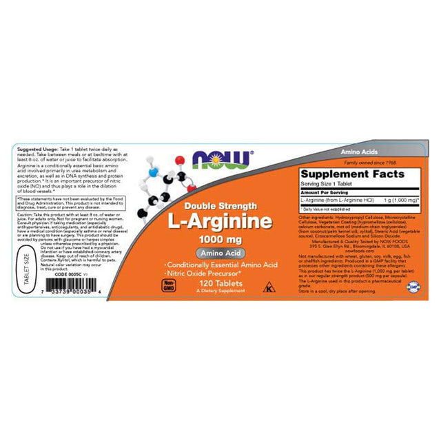 NOW Supplements, L-Arginine 1,000 Mg, Nitric Oxide Precursor*, Amino Acid, 120 Tablets