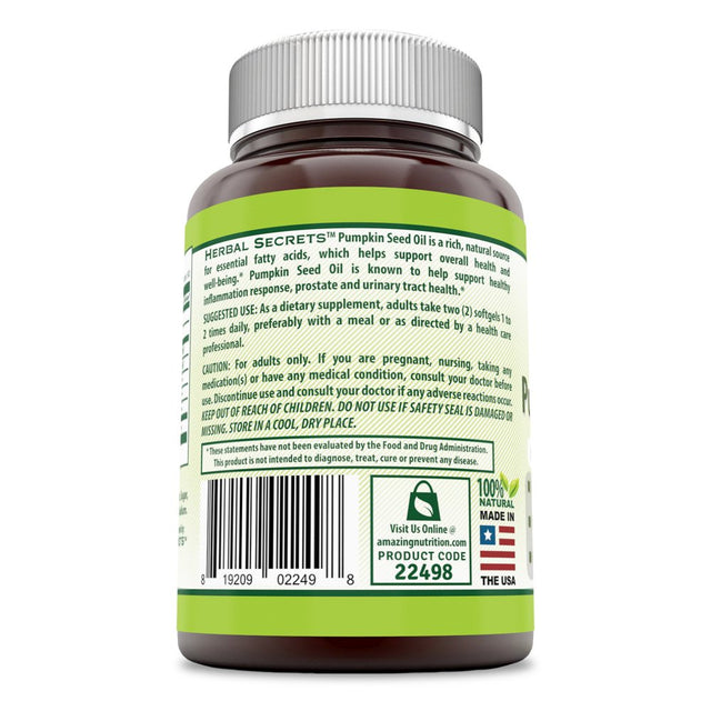 Herbal Secret'S Pumpkin Seed Oil 1000 Mg, 180 Softgels - Rich Source of Essential Fatty Acids - Supports Inflammatory Response -Promotes Prostate Health