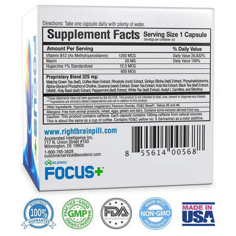 Excelerol Focus plus Brain Supplement Capsules, 60 Count