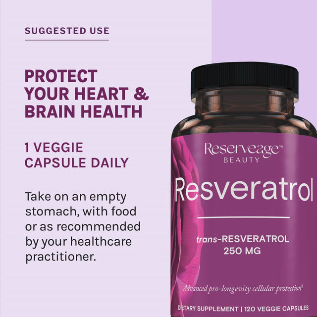 Reserveage, Resveratrol 250 Mg, Antioxidant Supplement for Heart and Cellular Health, Supports Healthy Aging, Paleo, Keto, 120 Capsules