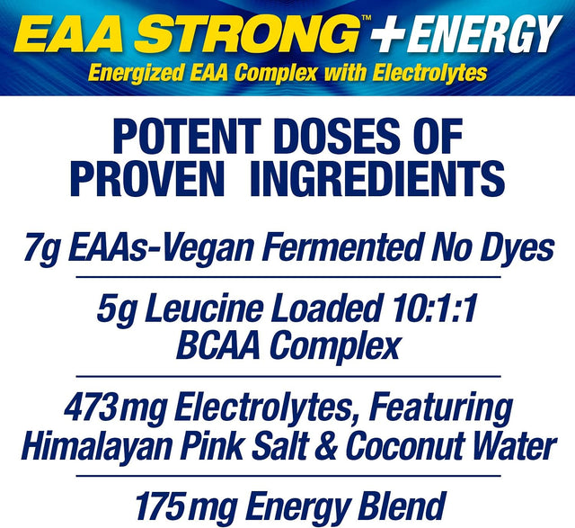 EAA Strong + Energy, Essential Amino Acid Supplement, All 9 Eaas, Bcaas, Electrolytes, Coconut Water, Pre-Workout Enhances Muscle Building, Performance, Recovery, Caffeine, Pina Colada, 30 Servings