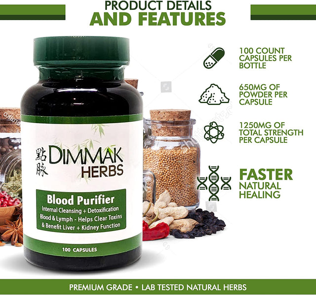 Dimmak Herbs Blood Purifier for Internal Cleansing & Detoxification + Benefits Liver and Kidney Function | Lab Tested Herbal Supplement 100 Capsules