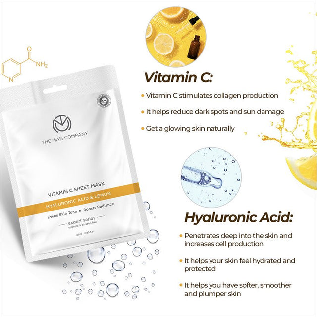 The Man Company Vitamin C Sheet Mask with Hyaluronic Acid & Lemon | Boosts Collagen, Brightening | Improves Skin Tone, Deep Cleanses & Removes Excess Oil - 25Ml*3