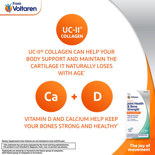 Joint Health & Bone Strength Dietary Supplement from Voltaren, with UC-II® Collagen, Calcium, and Vitamin D – 30 Count Bottle