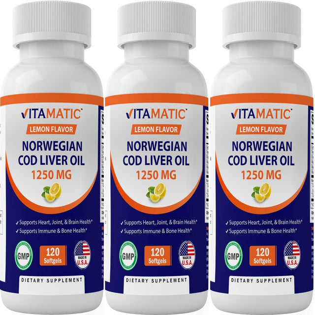 3 Pack - Vitamatic Norwegian Cod Liver Oil 1250Mg 120 Softgels (Lemon Flavor) - Promotes Cardiovascular Health