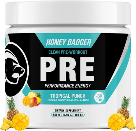 Honey Badger Pre Workout Powder | Vegan Keto Tropical Punch Preworkout | Natural Energy for Men & Women | Beta Alanine, Caffeine & Vitamin C for Immune Support | Sugar Free & Paleo | 30 Servings