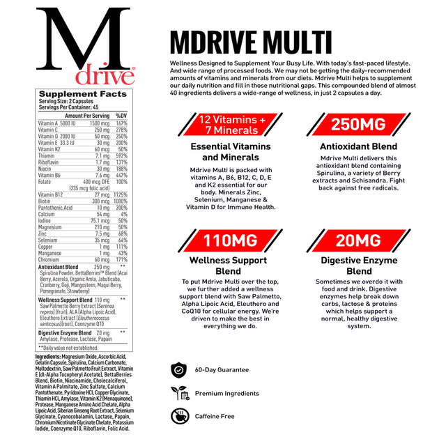 Mdrive Multi for Men, Daily Multivitamin - Immune Health Support from Zinc, Selenium, Manganese & Vitamin D, Enzymes for Digestive Support, Coq10 and Plant Extracts for Energy and Vitamin K2, 90Ct