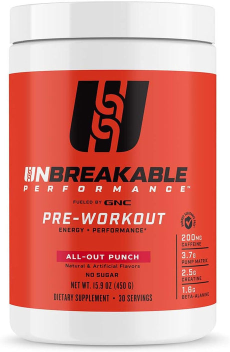 GNC Unbreakable Performance Pre-Workout | Energy+ Performance, Banned Substance Free | All-Out Punch | 30 Servings