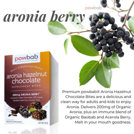 Powbab Aronia Hazelnut Chocolate Bites - Organic Aronia Berry. 33% Less Sugar. Organic Dark Chocolate 72% Cacao Fair Trade. Immune Support Vitamin C Baobab. Gluten Free Cookies (42 Count)