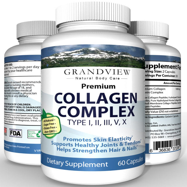 Collagen Complex - - Supports Joint Health. Promotes Skin Elasticity. Strengthens Nails. Natural Supplement. Helps Prevent Damaged Hair.. 60 Caps Grandview