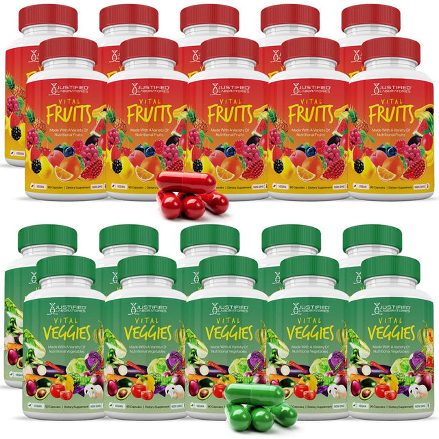 Vital Fruits and Veggies Supplement Whole Food Red & Green Superfoods Non GMO Vegan Friendly 90 Veggie Capsules per Bottle 20 Bottles