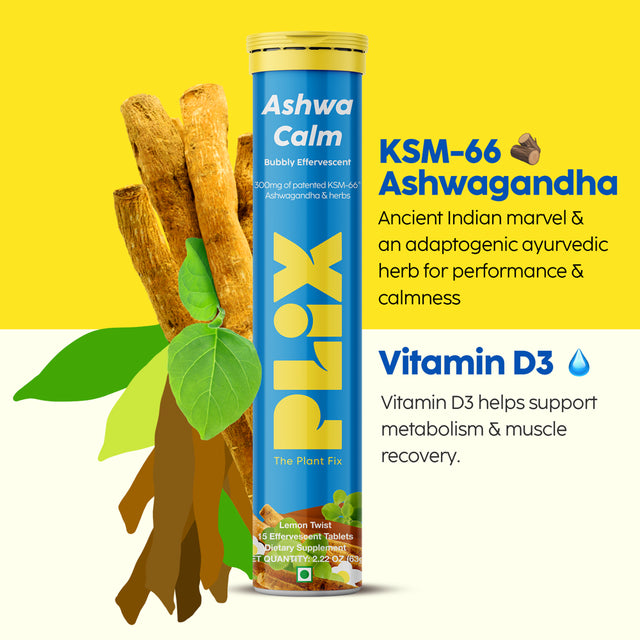 PLIX KSM-66 Ashwagandha 300Mg Effervescent Supplements for Stress, Mood Support with Vitamin D3 & Brahmi - 15 Vegan Tablets