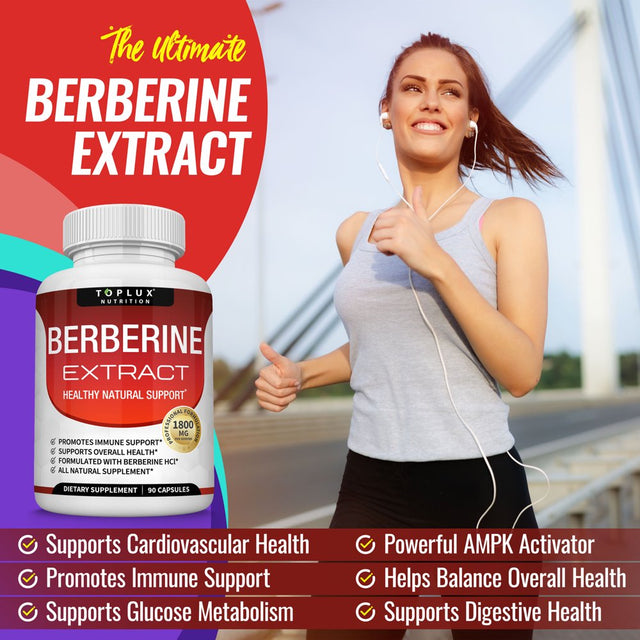 Toplux Berberine Extract Supplement 1800Mg Berberine Hcl Healthy Blood Sugar and Cardiovascular Health, for Men Women, 90 Capsules