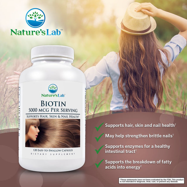 Nature'S Lab Biotin 5000 Mcg - 120 Capsules (4 Month Supply) - Promotes Healthy Hair, Skin & Nails