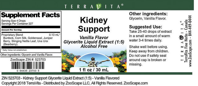 Terravita Kidney Support Glycerite Liquid Extract (1:5) - Vanilla Flavored, (Vanilla, 1 Oz, 3-Pack, Zin: 523703)