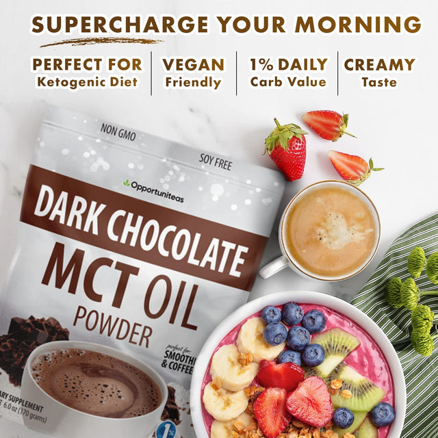 Opportuniteas MCT Oil Powder, Keto Creamer for Coffee, Tea, Drinks&Smoothies, Low Carb Keto Friendly, Boost Energy&Mental Focus, Supplement for Ketogenic Diet, Gluten Free&Non-Gmo, Dark Chocolate 6 Oz