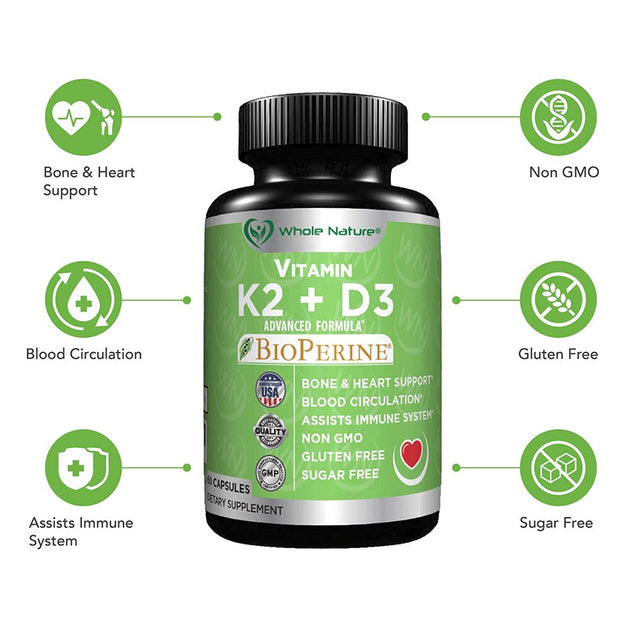 Whole Nature Vitamin K2 (MK7)+D3 plus - Naturally Support Heart and Bone Health (2PK)