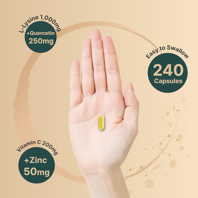 Naturebell L-Lysine 1,000Mg Capsules + Quercetin 250Mg with Vitamin C and Zinc, 240 Count | Free Form Amino Acids, L Lysine Complex | Immune Support, Lip & Skin Health Supplement