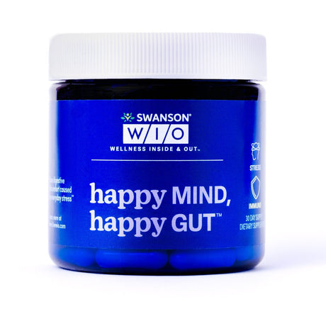 Swanson WIO™ Happy MIND, Happy GUT™ Stress Support, Digestive Support, Probiotics Promote Gut Microflora, Better Mood, Cognitive Health, Mental Wellness, 30 Veggie Capsules (30-Day Supply)