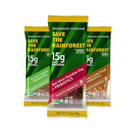 SAVE the RAINFOREST by SHANTI BALANCE | 3 New Flavors | 15G Plant Protein | Organic Gluten Free Superfood | Gut Health Prebiotics + No-Bloat Fiber | 4 of Each Flavor, 12 Count, 2 Oz Bars