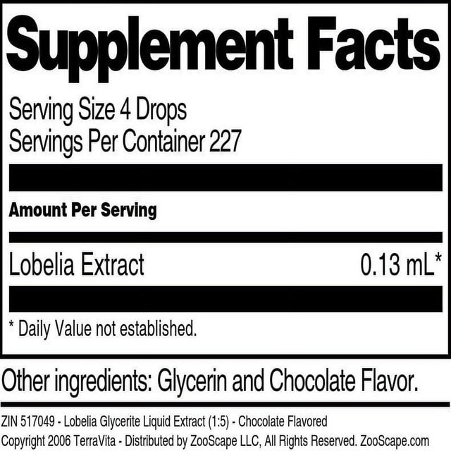 Terravita Lobelia Glycerite Liquid Extract (1:5) - Chocolate Flavored, (Chocolate, 1 Oz, 1-Pack, Zin: 517049)