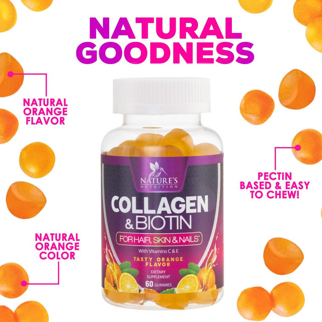 Collagen & Biotin Hair Vitamin Gummies - Extra Strength for Healthy Hair, Skin & Nails Growth Support - Collagen Peptides Gummy Supplement with Vitamins C & E - Orange Flavored, Non-Gmo - 60 Count