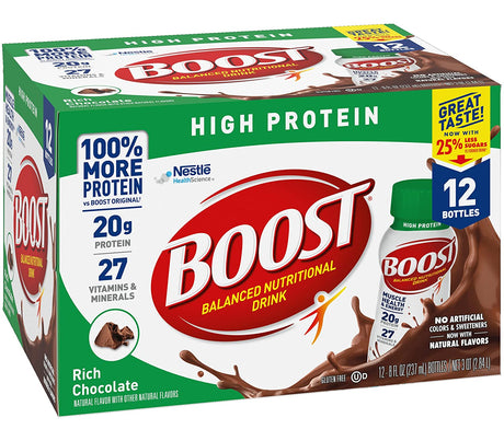 Boost High Protein Balanced Nutritional Drink, Rich Chocolate, Muscle Health & Energy with Protein, Vitamins & Minerals, 25% Less Sugars, 8 FL OZ Bottles, 12 CT