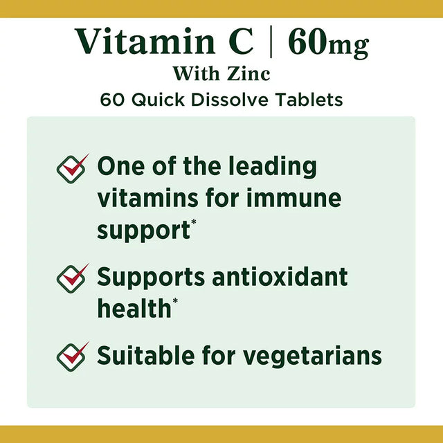 Nature'S Bounty Vitamin C + Zinc Quick Dissolve Tablets for Immunte Support, 60 Ct