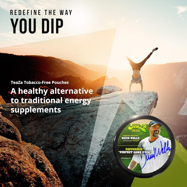 TEAZA HERBAL ENERGY POUCH 4 Peppermint Pucks & Bonus Authentically Signed David Wells Limited Edition Peppermint Puck - Nicotine and Caffeine Free Energy Boost Dip Pouches