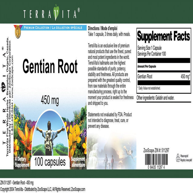 Terravita Gentian Root - 450 Mg, (100 Capsules, 1-Pack, Zin: 511297)