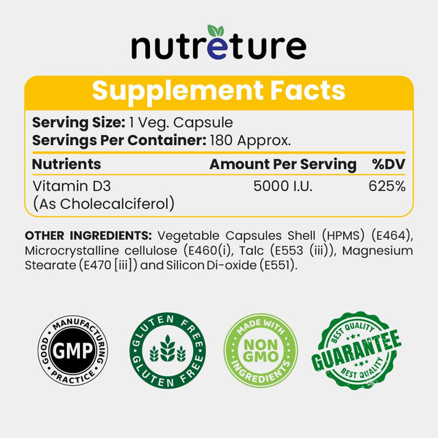 NUTRETURE Vitamin D3 5000 Iu 180 Capsules for Healthy Bones, Teeth, Heart and Immune Support | D3 Vitamin D 5000 Iu Supplements | Vitamina D Supplement | VIT D3 for Men and Women