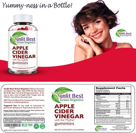 Apple Cider Vinegar Gummies Vitamins with the Mother, Delicious Immunity, Gluten Free, Vegan, 100% Natural, Non-Gmo, No Soy, No Gelatin, B12, B6, Beet, Carrot & Pomegranate - 1 Month Supply