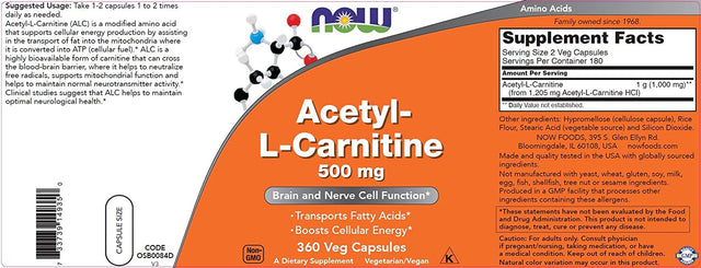 Now Foods Now Acetyl L Carnitine 500Mg, 360 Veg Caps (Pack of 2) - Non-Gmo ACL 500 Mg Capsules Supplement for Men and Women